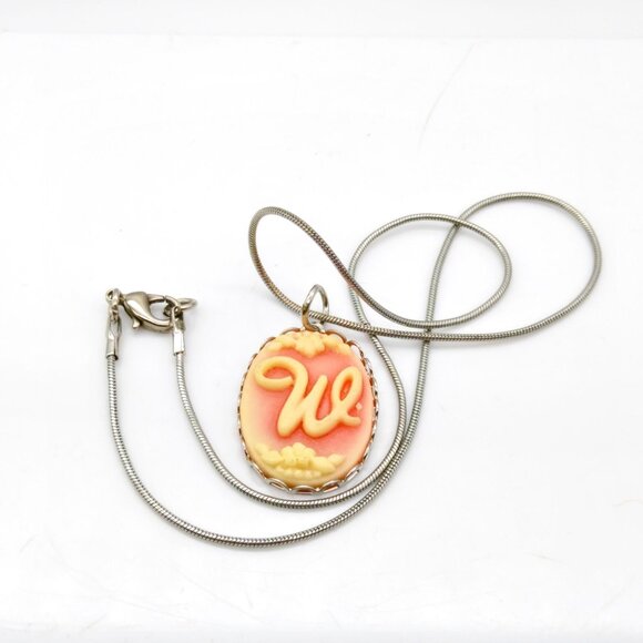 Vintage Initial W Pendant Necklace, Coquette Script with Floral Pastel on Silver - Picture 2 of 4